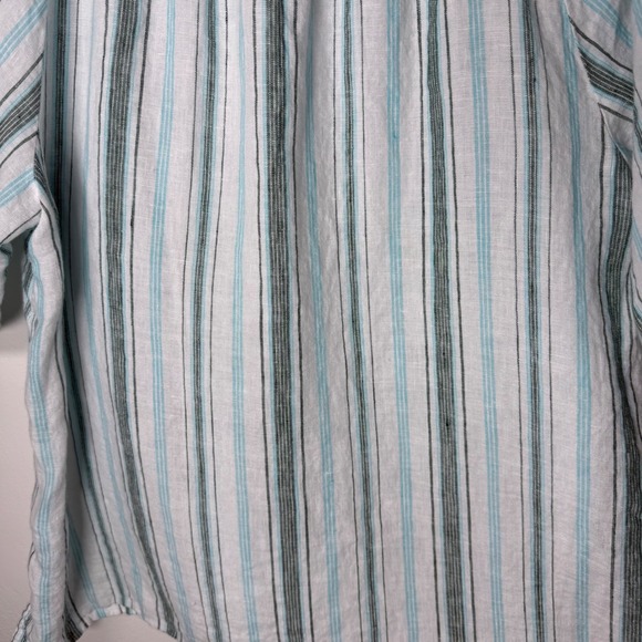 Talbots 100% Linen Striped Peasant Top L Teal Green Split V-Neck Boho Coastal - Picture 6 of 9